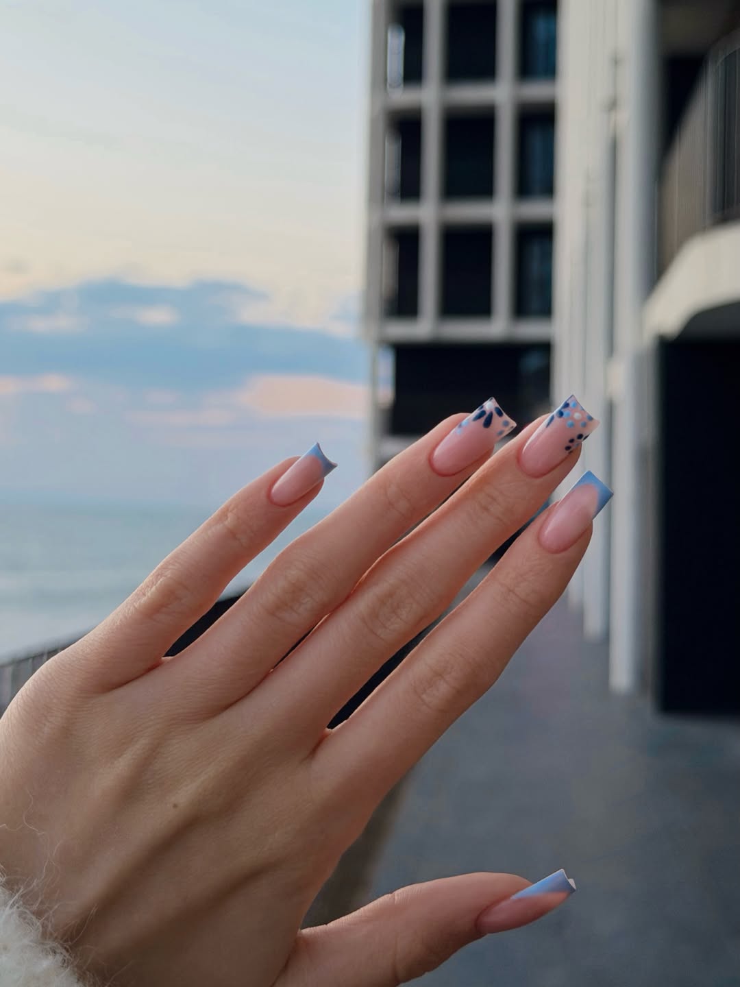 Sky Blue French Tips With Navy Dot Art