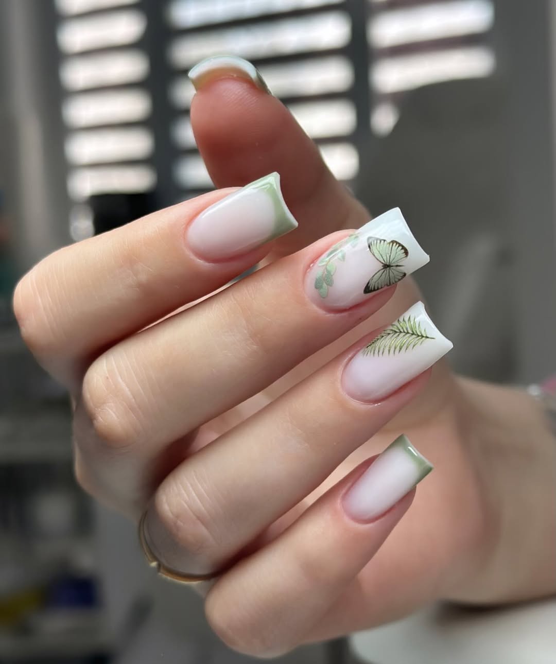 Soft Green Nature Inspired Square French Tip Nails