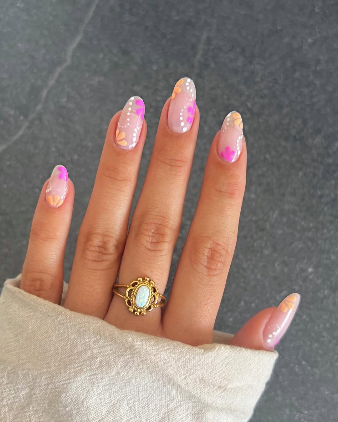 Soft Neon Floral Dot Almond Nails