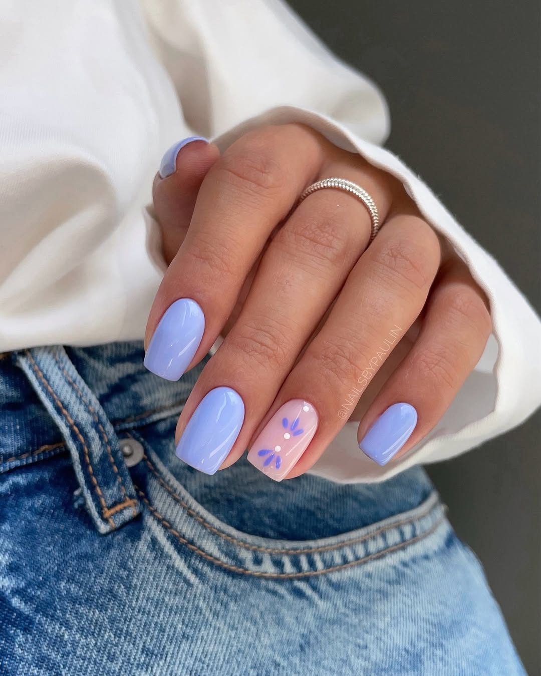 Soft Periwinkle Squoval Nails with Floral Accent