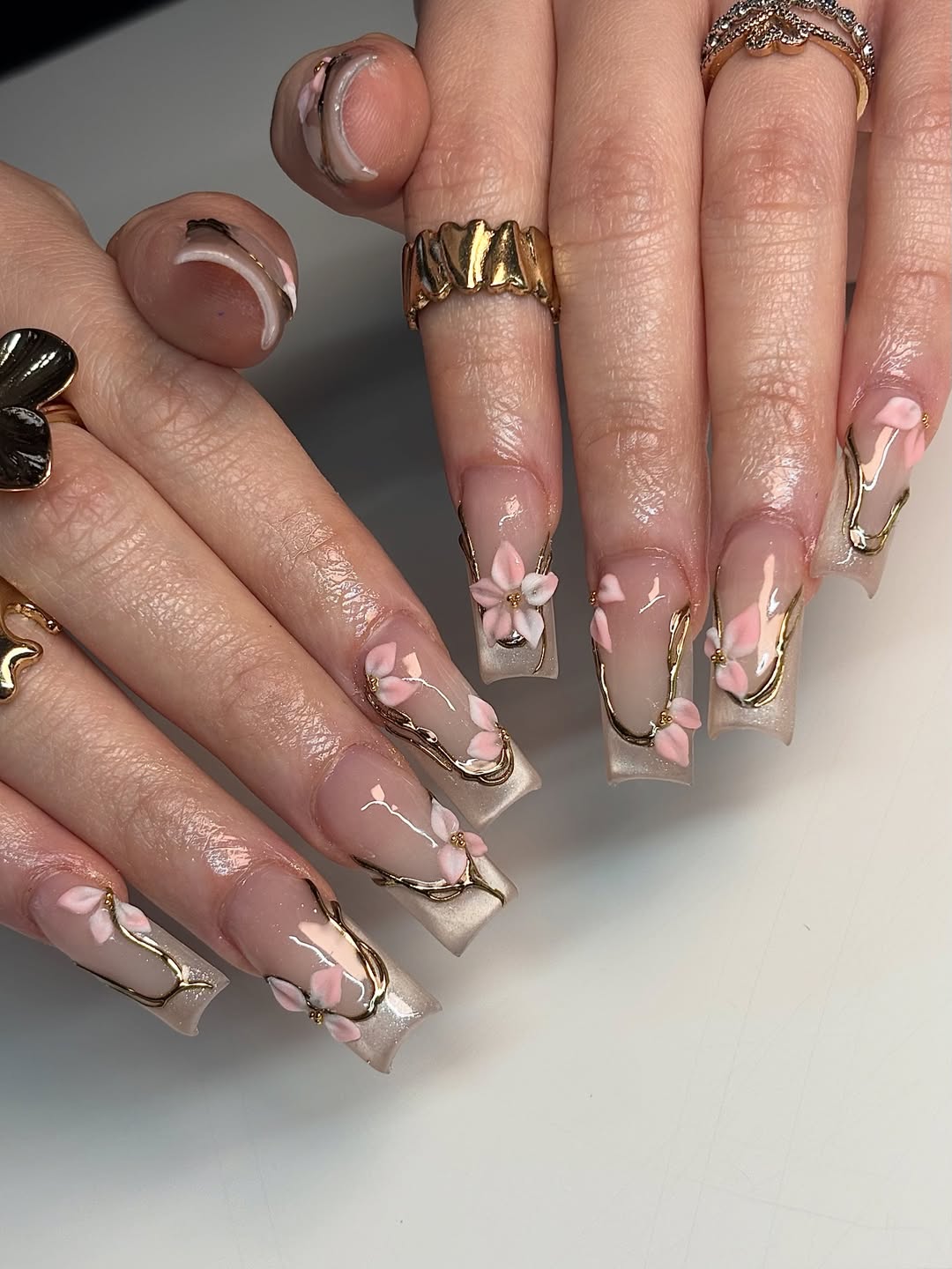 Soft Pink Acrylic Gold Outline Floral Square Nails