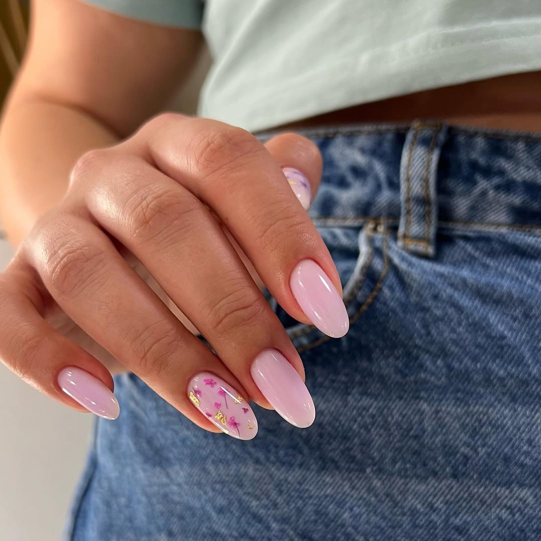 Soft Pink Almond Nails with Floral Gold Flakes Accent