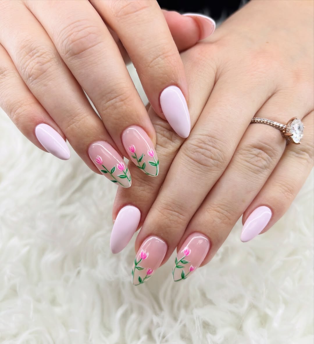 Soft Pink Almond Nails with Hand-Painted Tulips