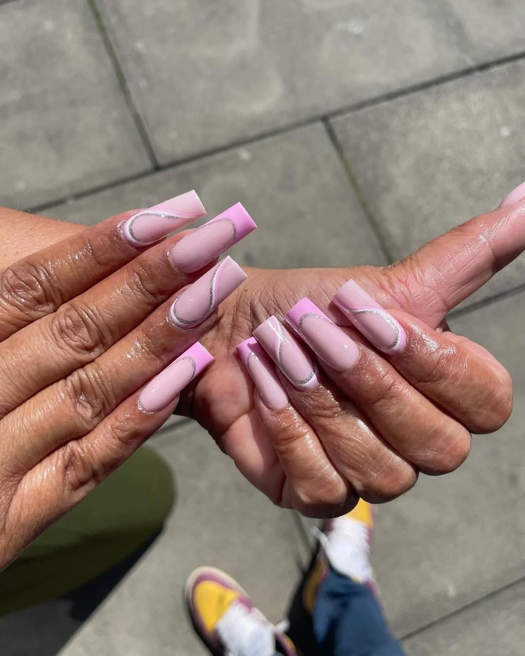 Soft Pink Coffin Nails With Silver Swirls