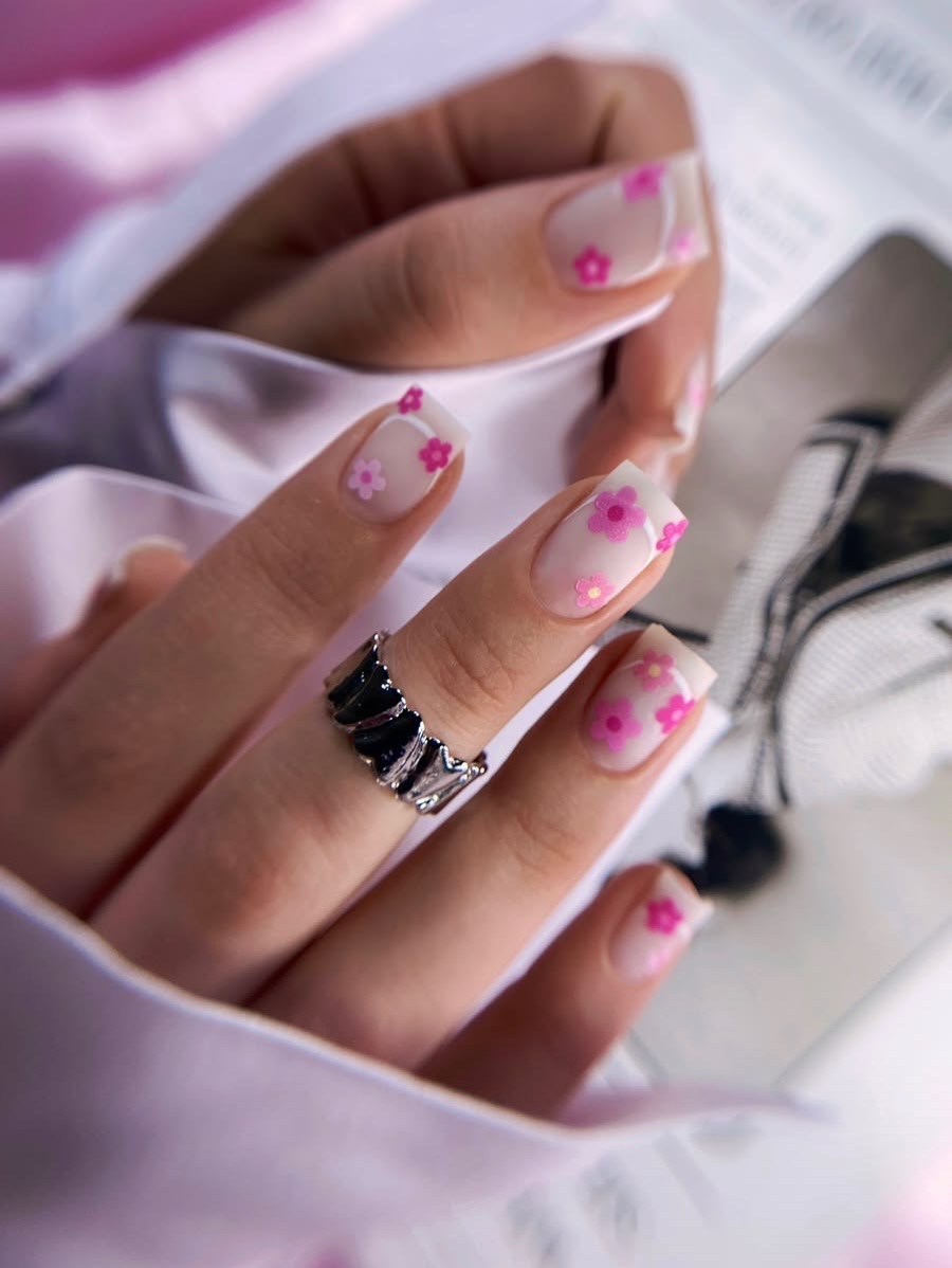 Soft Pink Floral French Tip Square Nails