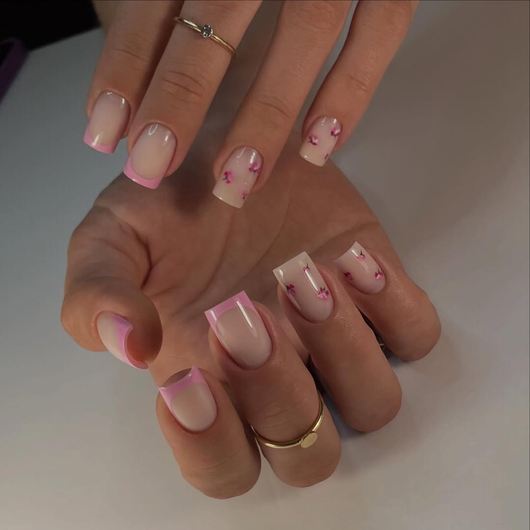 Soft Pink Floral French Tips Short Square