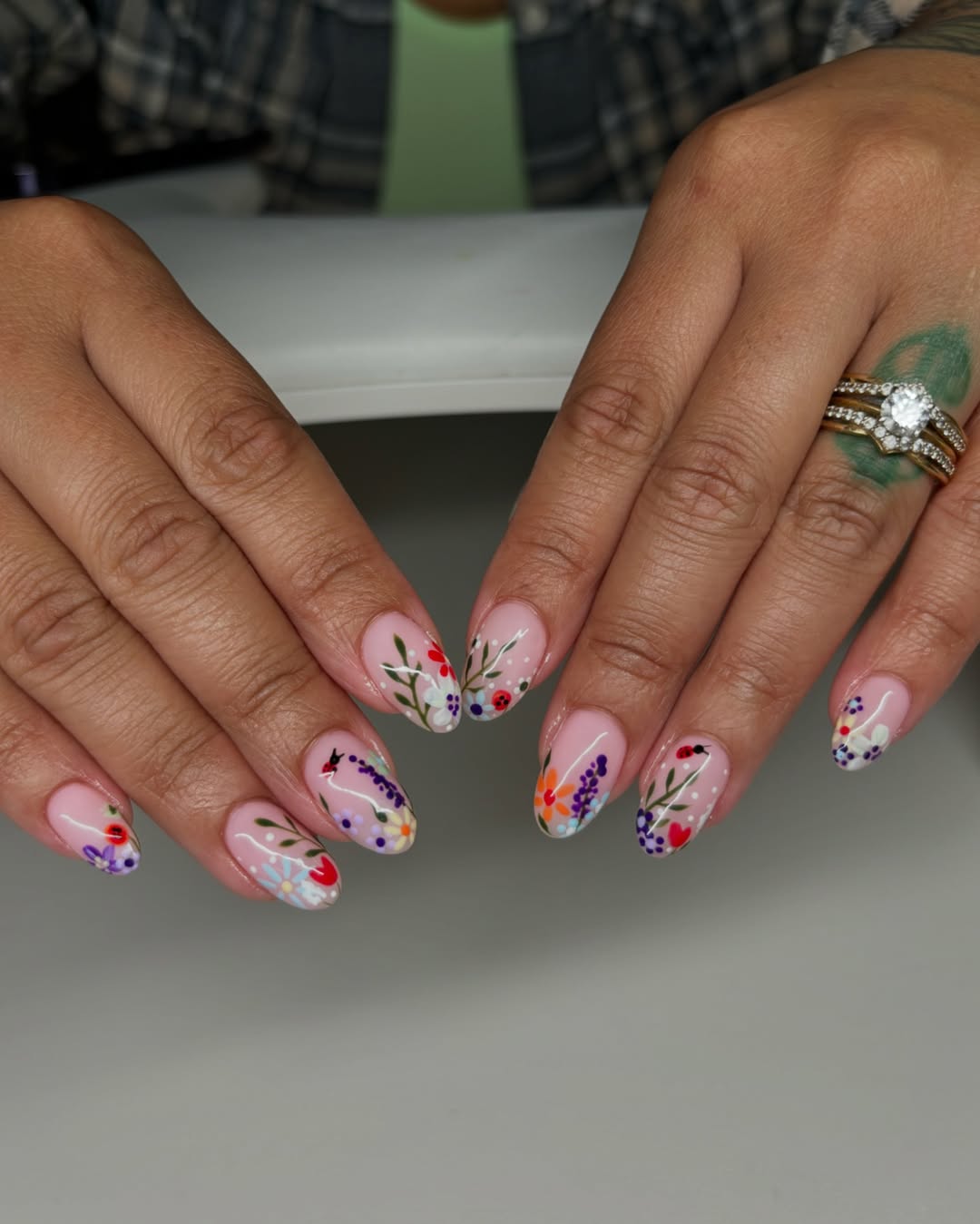 Soft Pink Floral Hand-Painted Almond Nails