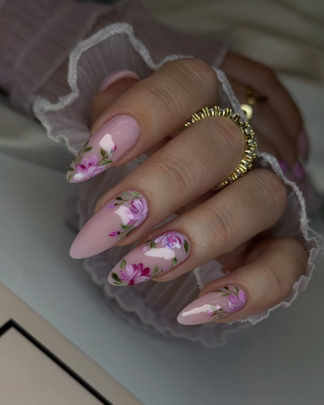 Soft Pink Floral Stiletto Acrylic Nails