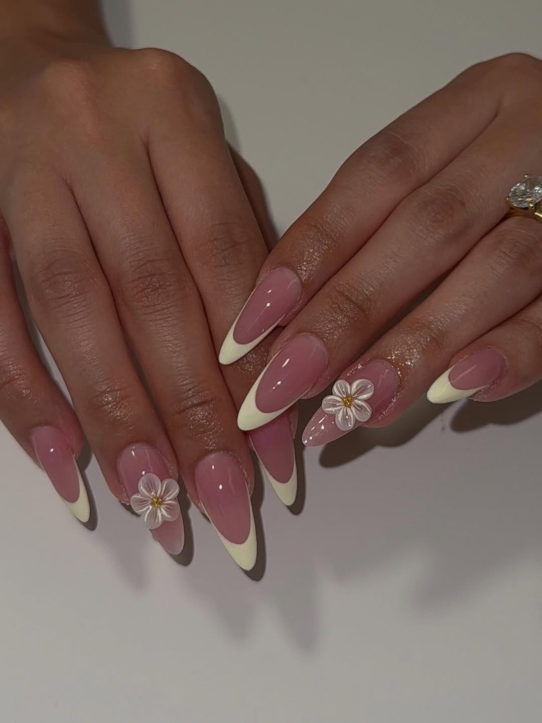 Soft Pink French Tips with 3D Floral Charms