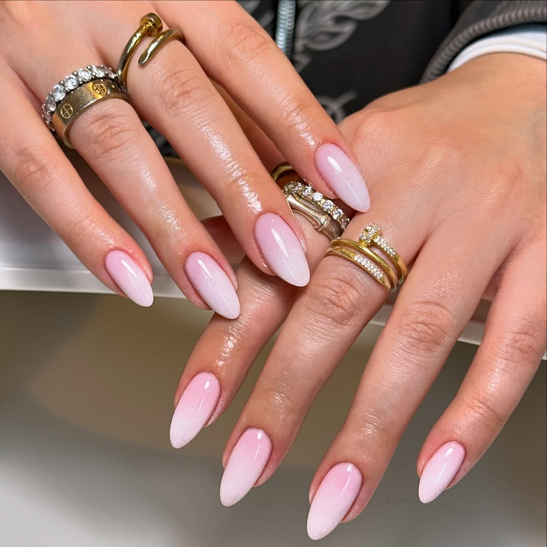 Soft Pink Glitter Ombre Almond Nails