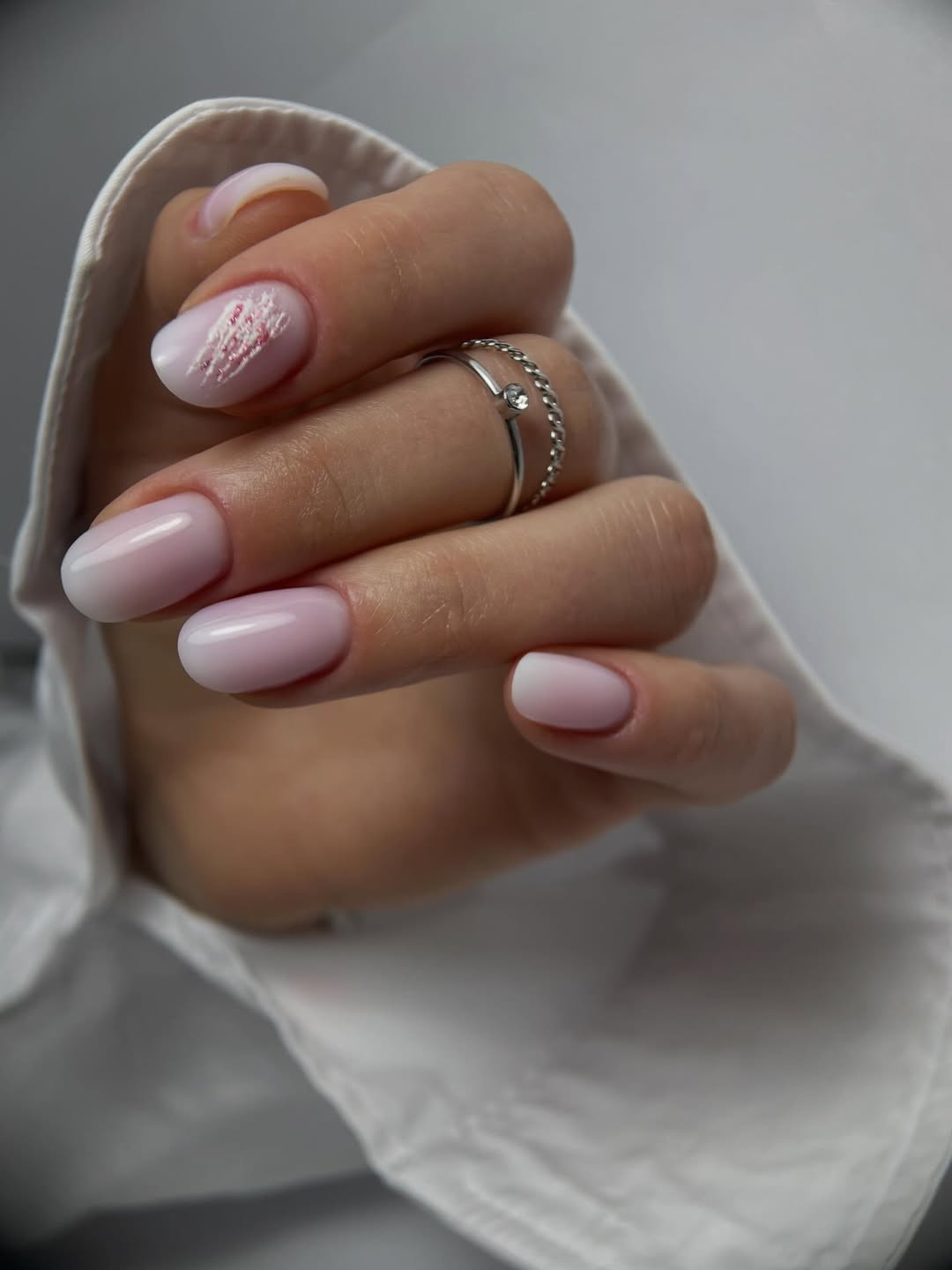 Soft Pink Ombre Oval Nails With Abstract Art