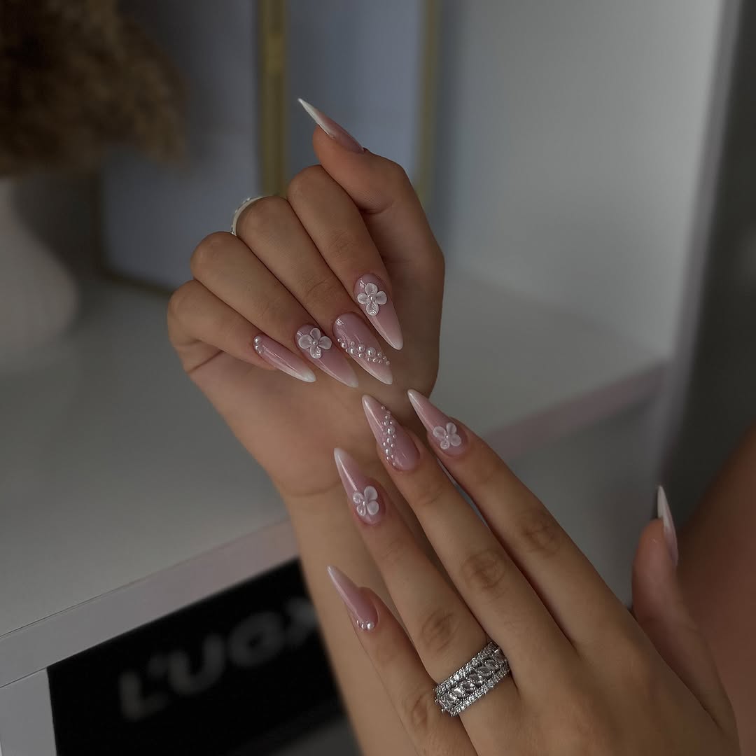 Soft Pink Ombre Stiletto Nails 3D Flowers