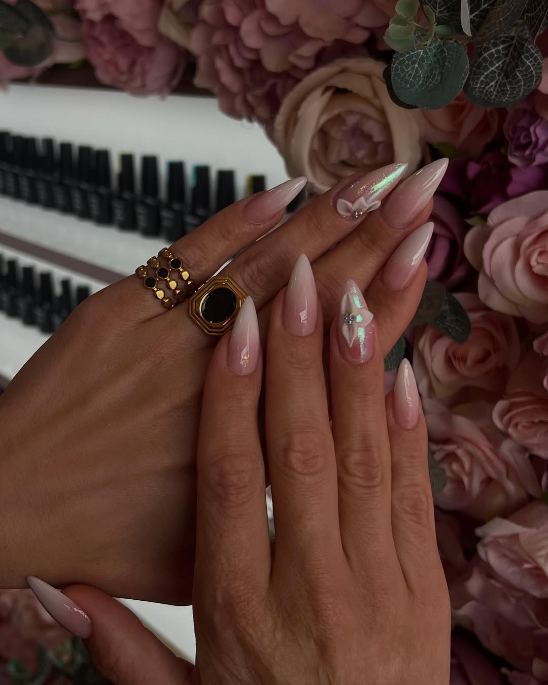 Soft Pink Ombre Stiletto Nails With Iridescent 3D Flowers