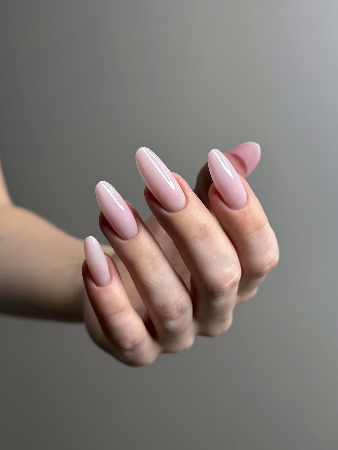 Soft Pink Shimmer Long Almond Nails