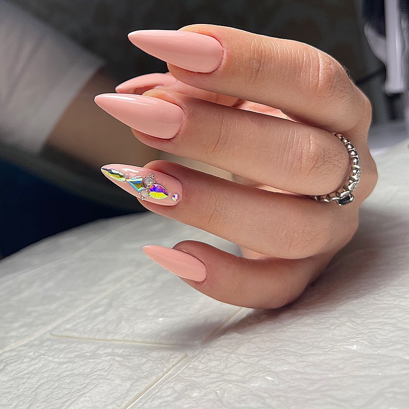 Soft Pink Stiletto Nails With Iridescent Rhinestones