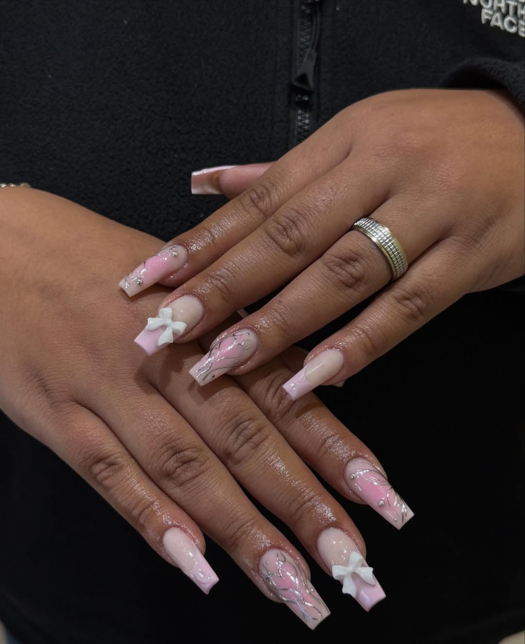 Soft Pink Swirls with 3D Bows Coffin Nails