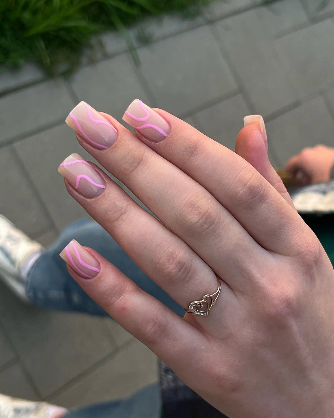 Soft Pink Wavy Lines on Natural Square Nails