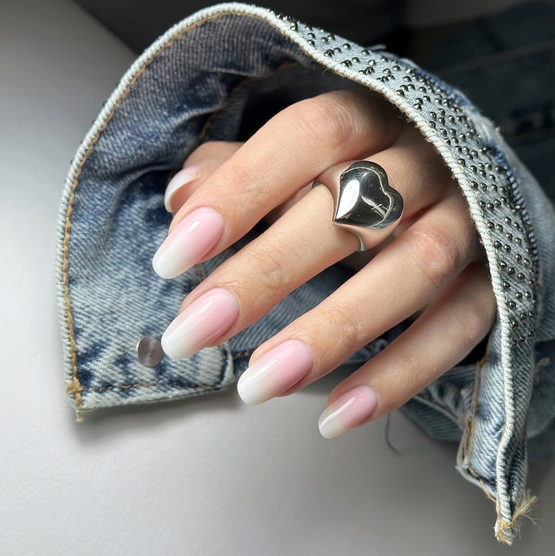 Soft Pink White Ombre Oval Nails