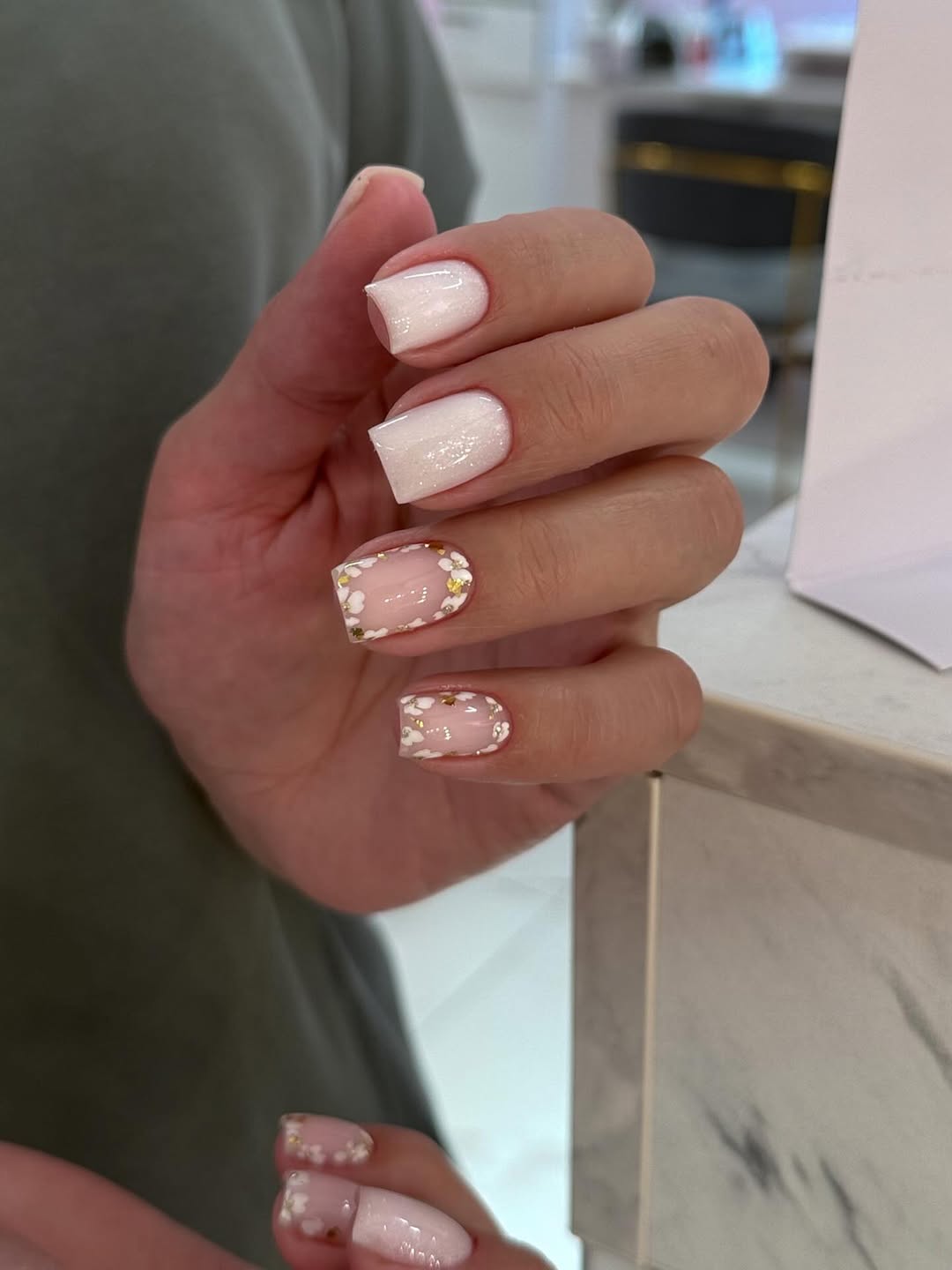 Soft Rose Shimmer French Tips with Floral Accents