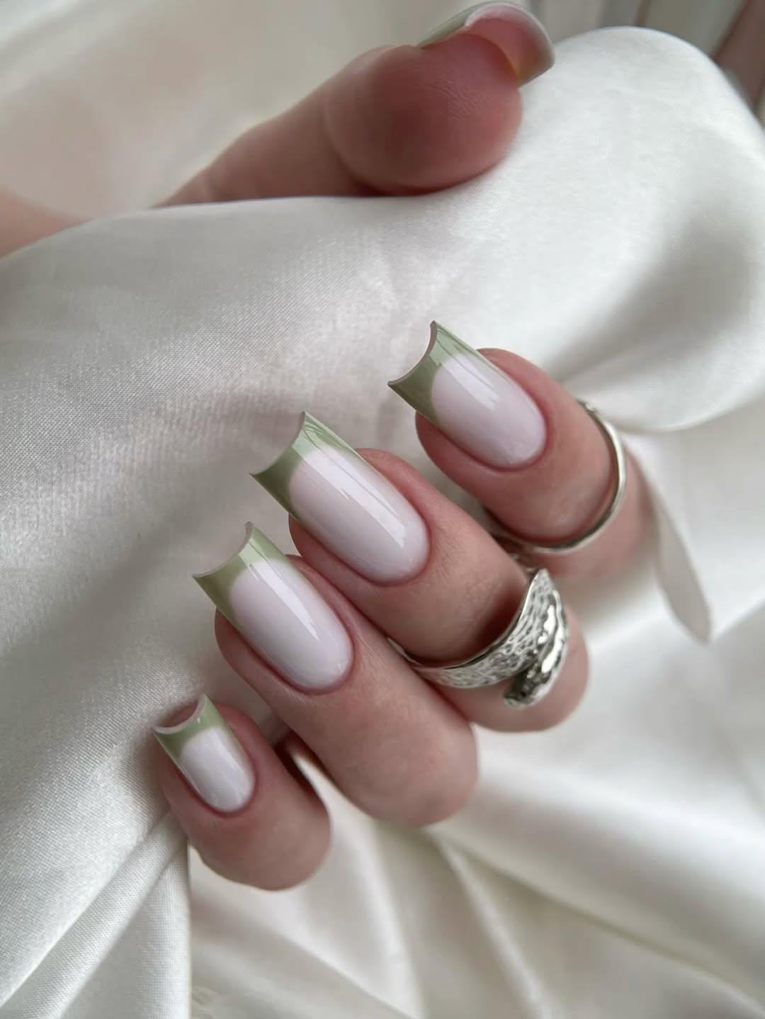Soft Sage Green French Tips With Milky Base