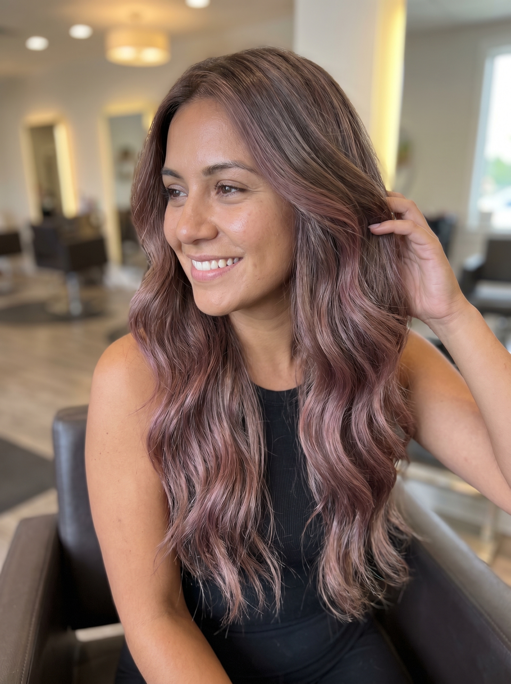 A romantic Dusty Rosewood Bronde Reverse Balayage, perfect for a soft summer palette hair 2026, combining mauve brown, ashy rose, and cool taupe tones for a refined and subtle aesthetic.