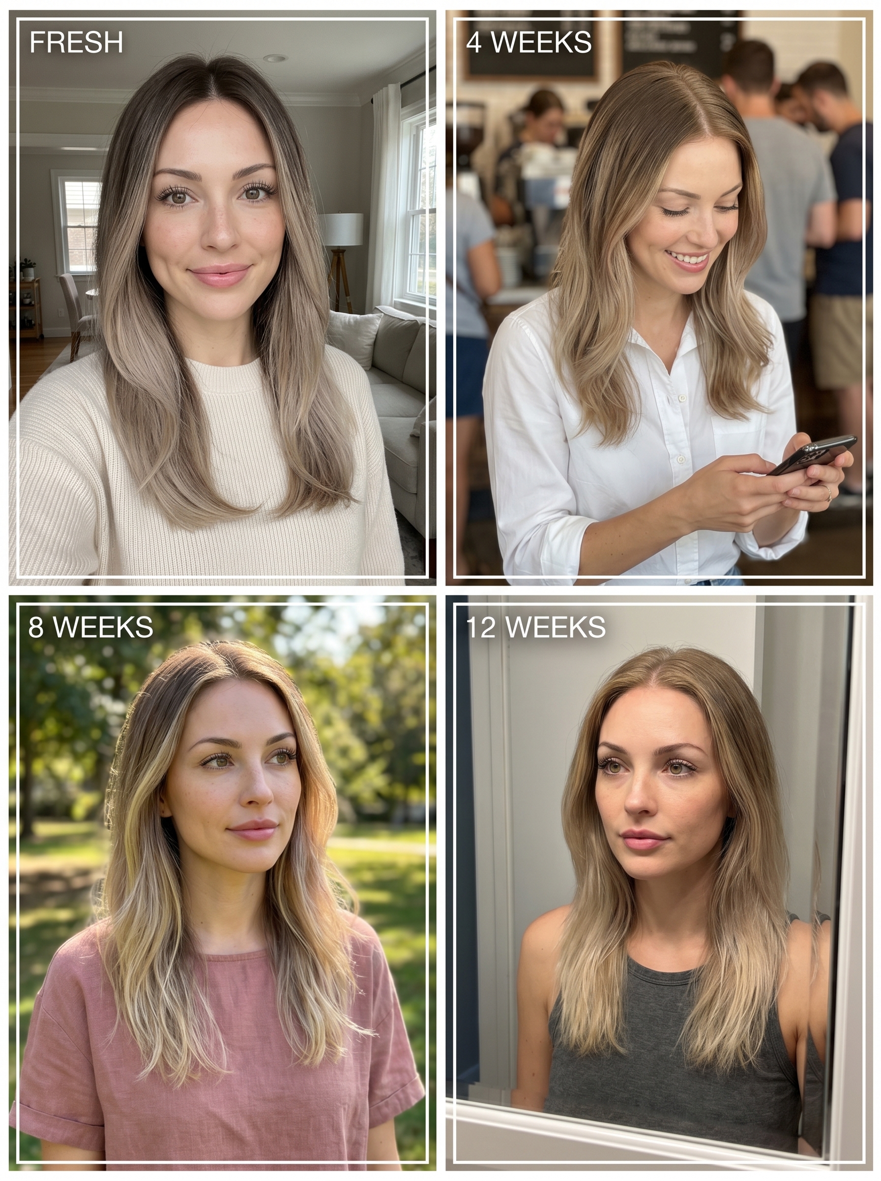 Effortless Hazy Taupe Root Tap with Sandy Blonde, a relaxed soft summer palette hair 2026, showing mushroom brown roots leading into sandy beige and cool blonde ends for a natural look.