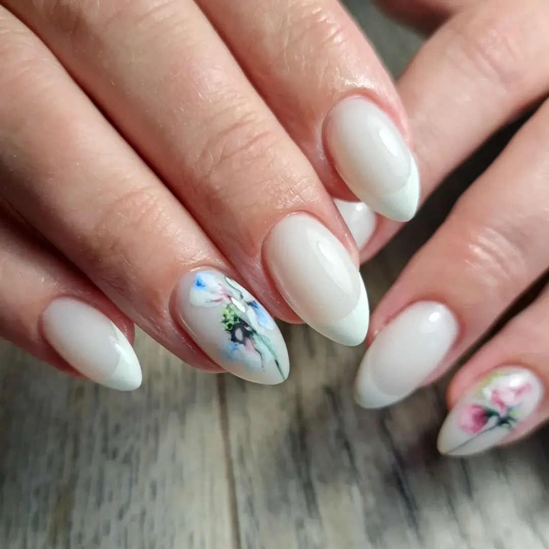 Soft Watercolor Floral Almond French Tips