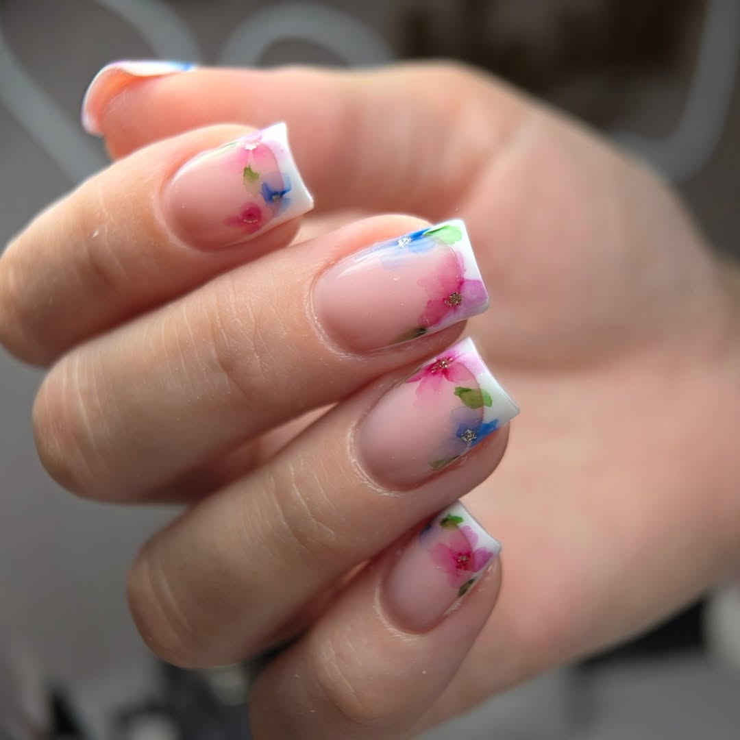 Soft Watercolor Floral Tips with Nude Base