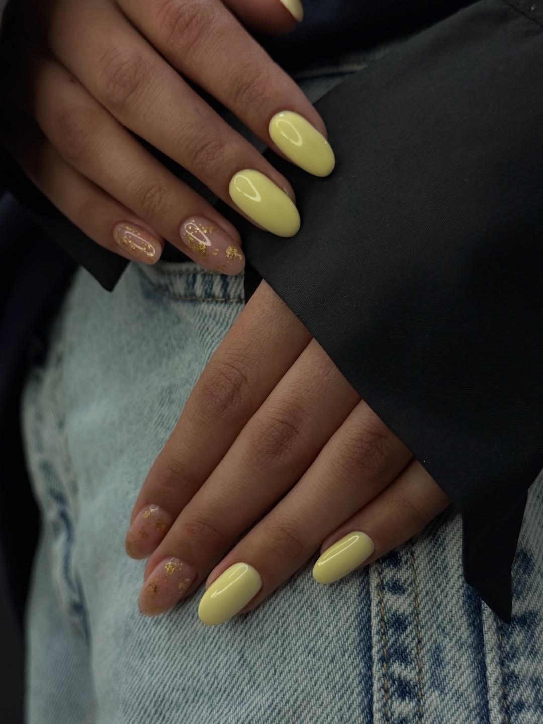 Soft Yellow and Gold Flake Mix and Match Nails