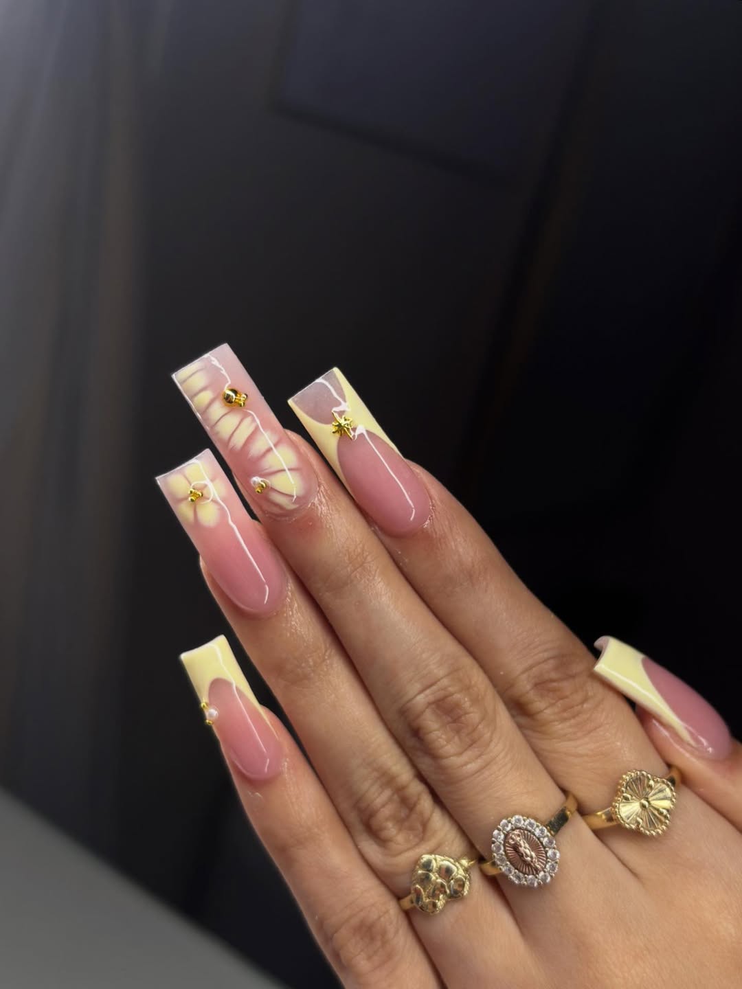 Soft Yellow French Tip Daisy Nails