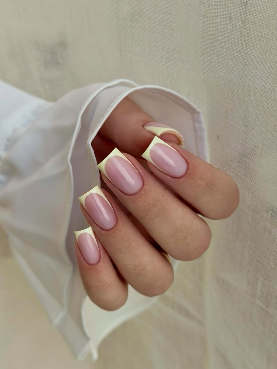 Soft Yellow French Tip Square Nails Glossy