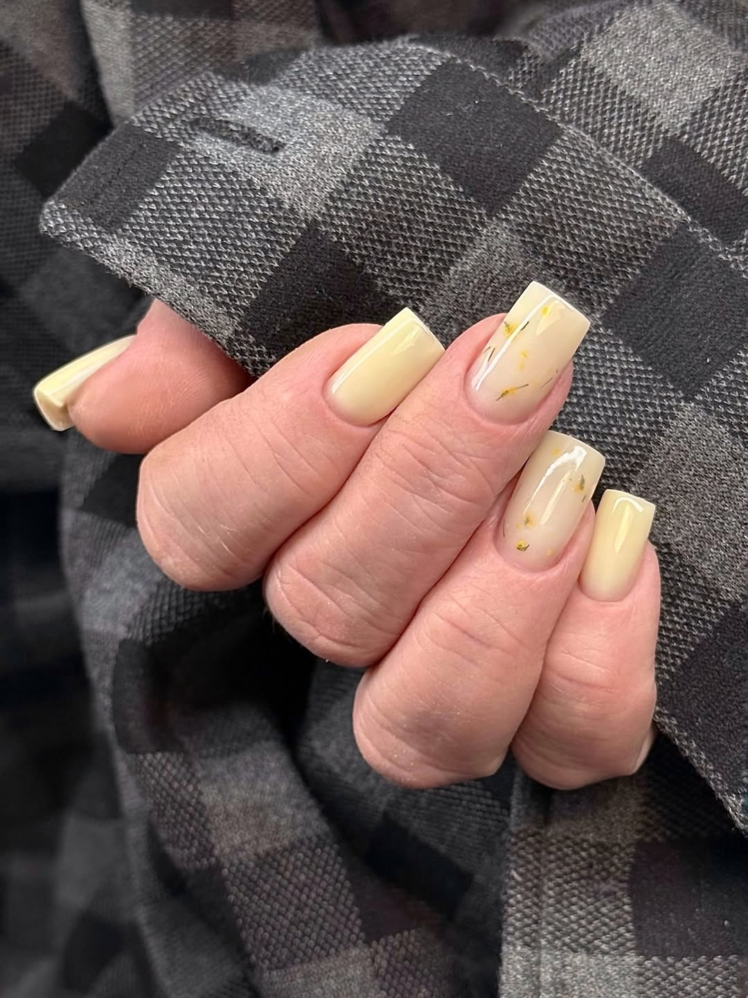 Soft Yellow Square Nails with Delicate Floral Accents