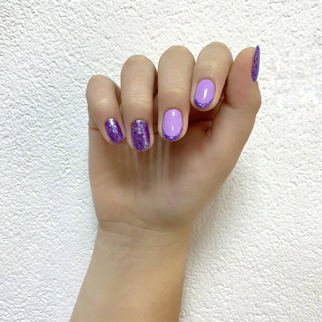 Sparkling Lilac Purple Glitter French Tip Nails