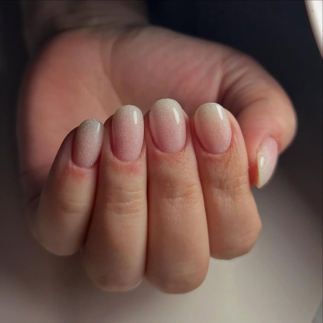 Sparkling Milky White Ombre Oval Nails