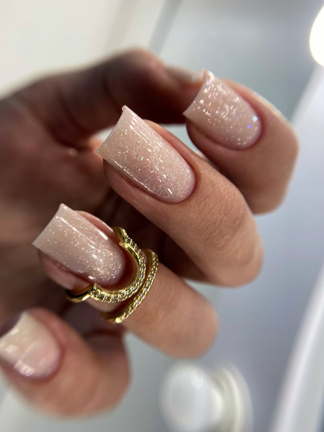 Sparkling Nude Coffin Nails with Glitter Ombre