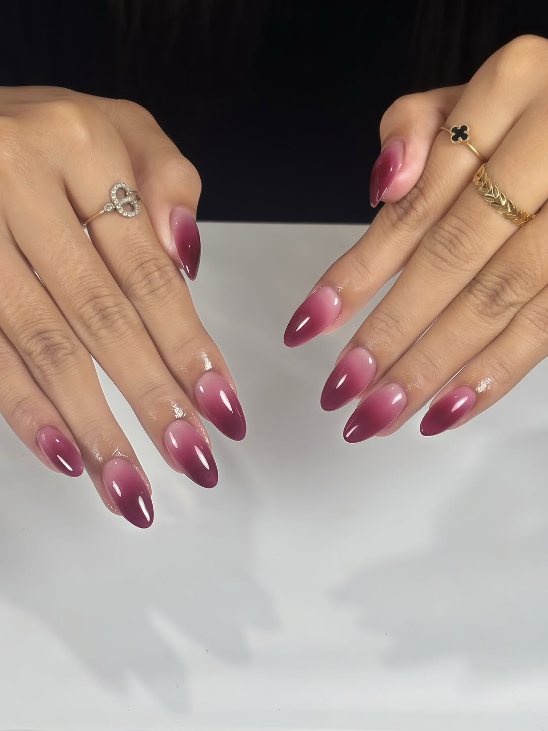 Summer Berry Ombre Almond Nails with Sparkle Accent
