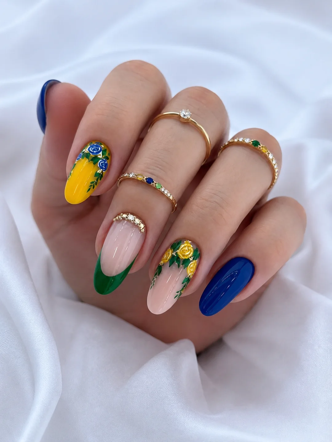 Summer Bloom Bold Yellow Blue Green French Tips