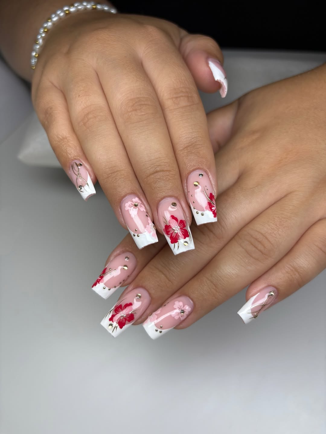 Summer Bloom White French Tip Gold Embellished Floral