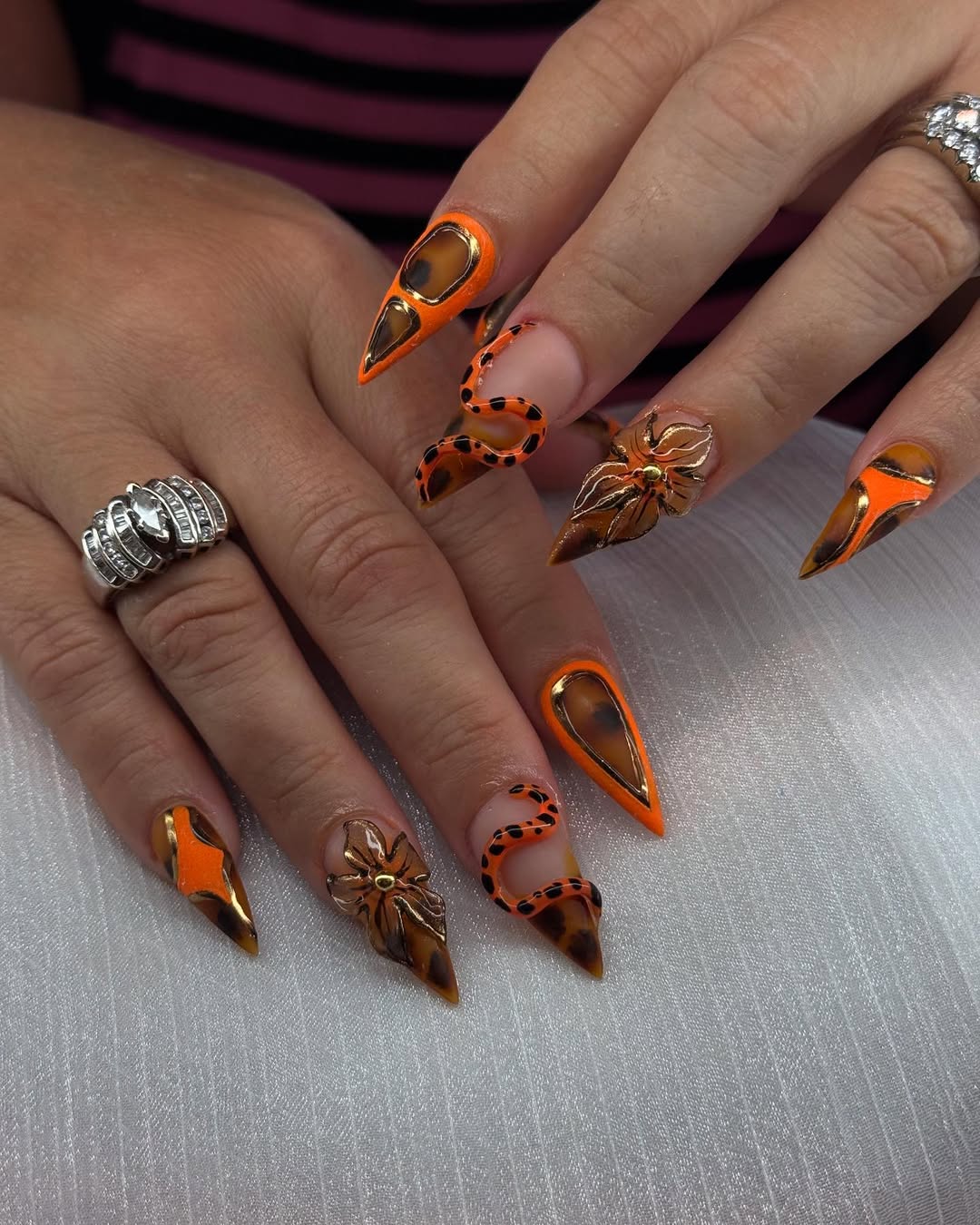 Summer Fiery Orange Tortoiseshell Stiletto Nails with 3D Accents