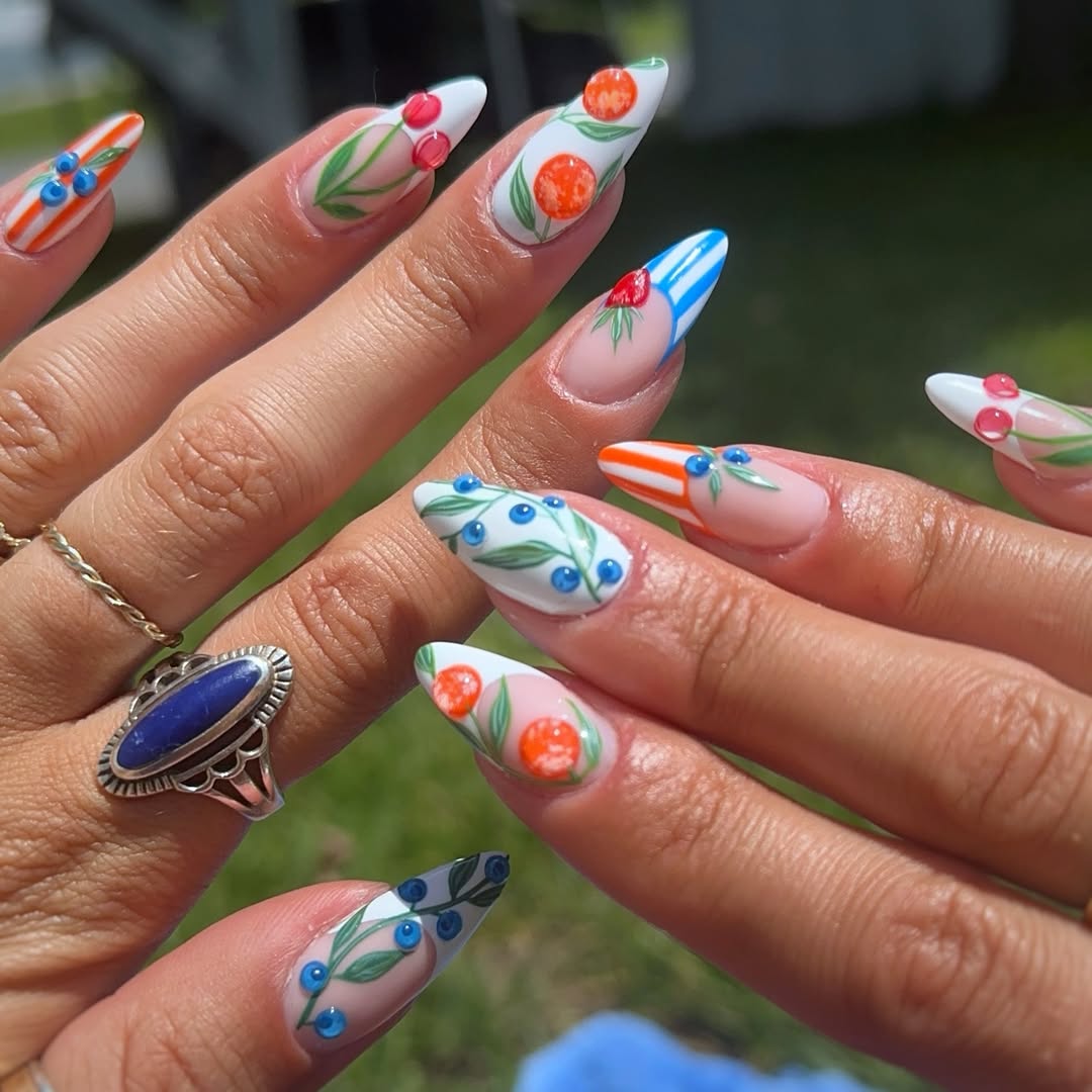 Summer Fruit Garden Hand-Painted Almond Nails