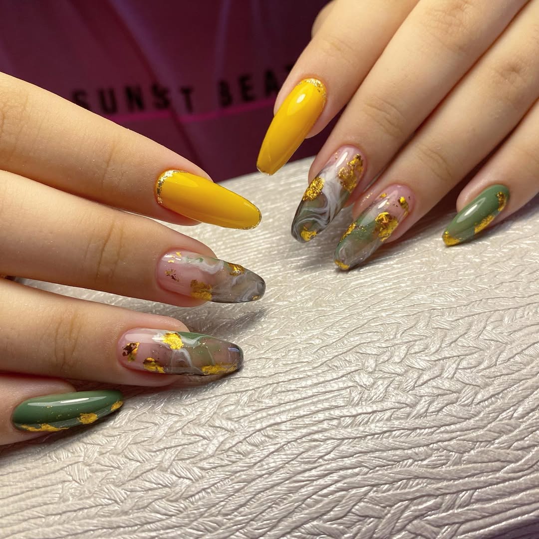Summer Golden Marble and Solid Green Yellow Nails