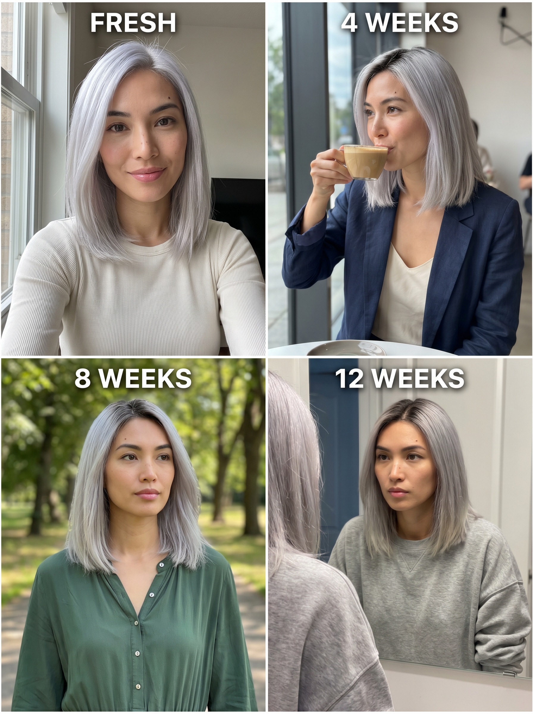 Icy moonlight silver gloss on natural grey hair, with iridescent pearl and violet tones. A sophisticated and cute summer hair color idea for 2026, luminous for special events.