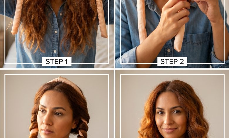 Beautiful apricot crush demi-permanent color on hair styled in heatless ribbon curls for summer. This vibrant look is a perfect summer hair idea for women, suitable for everyday wear or a romantic date night in 2026.