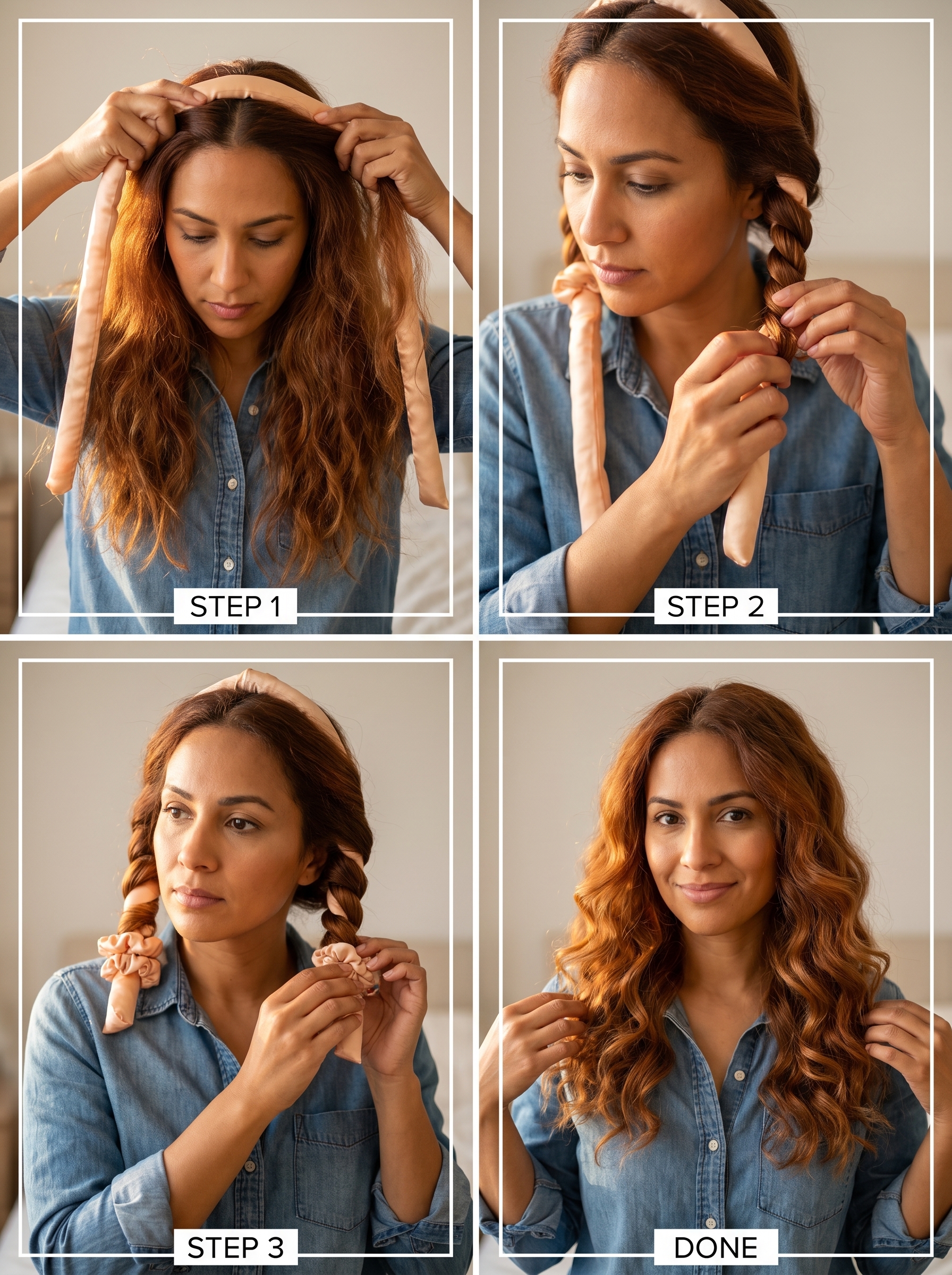 Beautiful apricot crush demi-permanent color on hair styled in heatless ribbon curls for summer. This vibrant look is a perfect summer hair idea for women, suitable for everyday wear or a romantic date night in 2026.