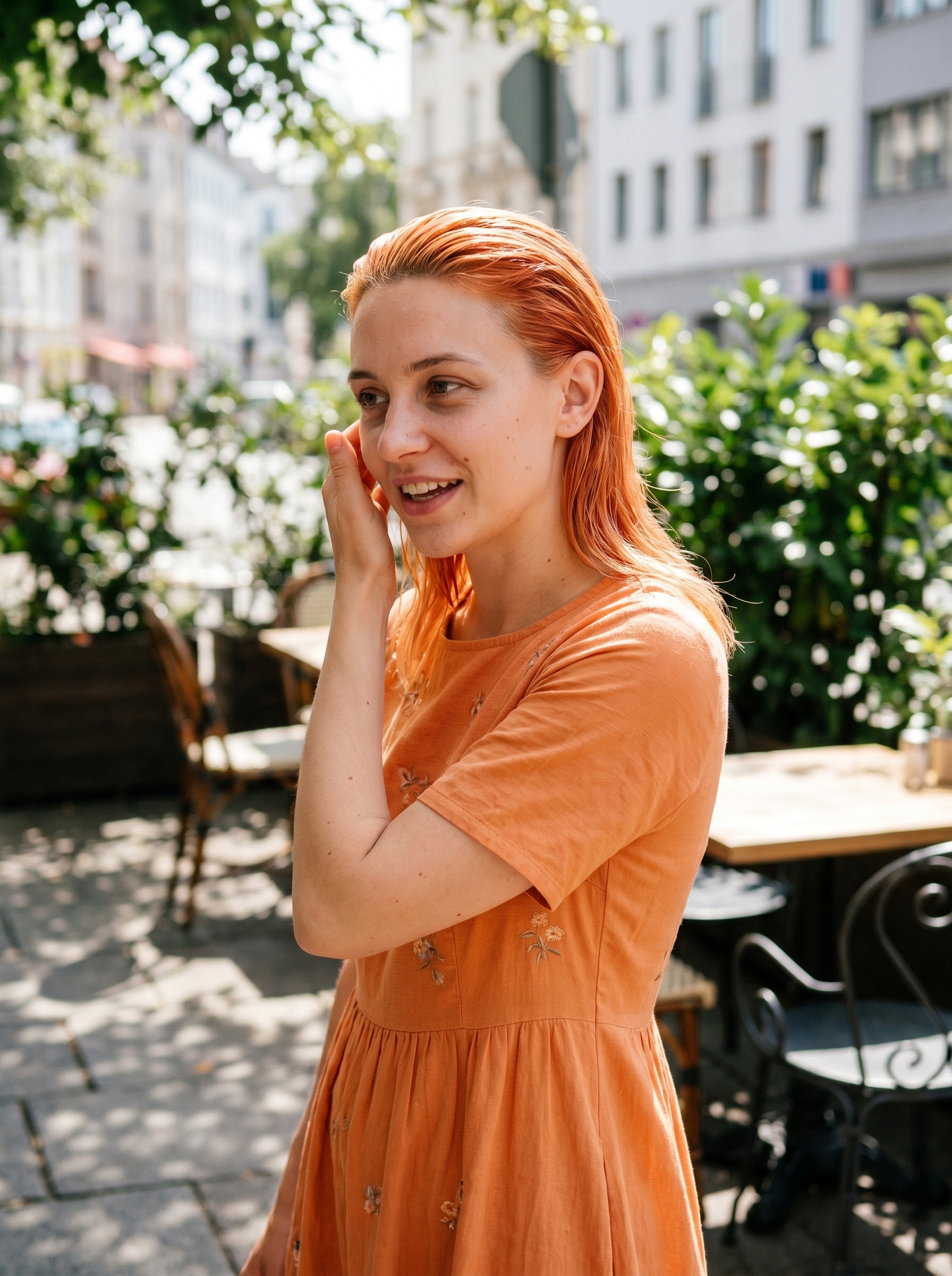 Chic 'Apricot Crush Scandi-Slick' summer hair ideas for women 2026, featuring high-shine peach hair. This playful yet polished style is achieved with a glass-like finish from pomade and lightweight conditioner, perfect for everyday or a date night.