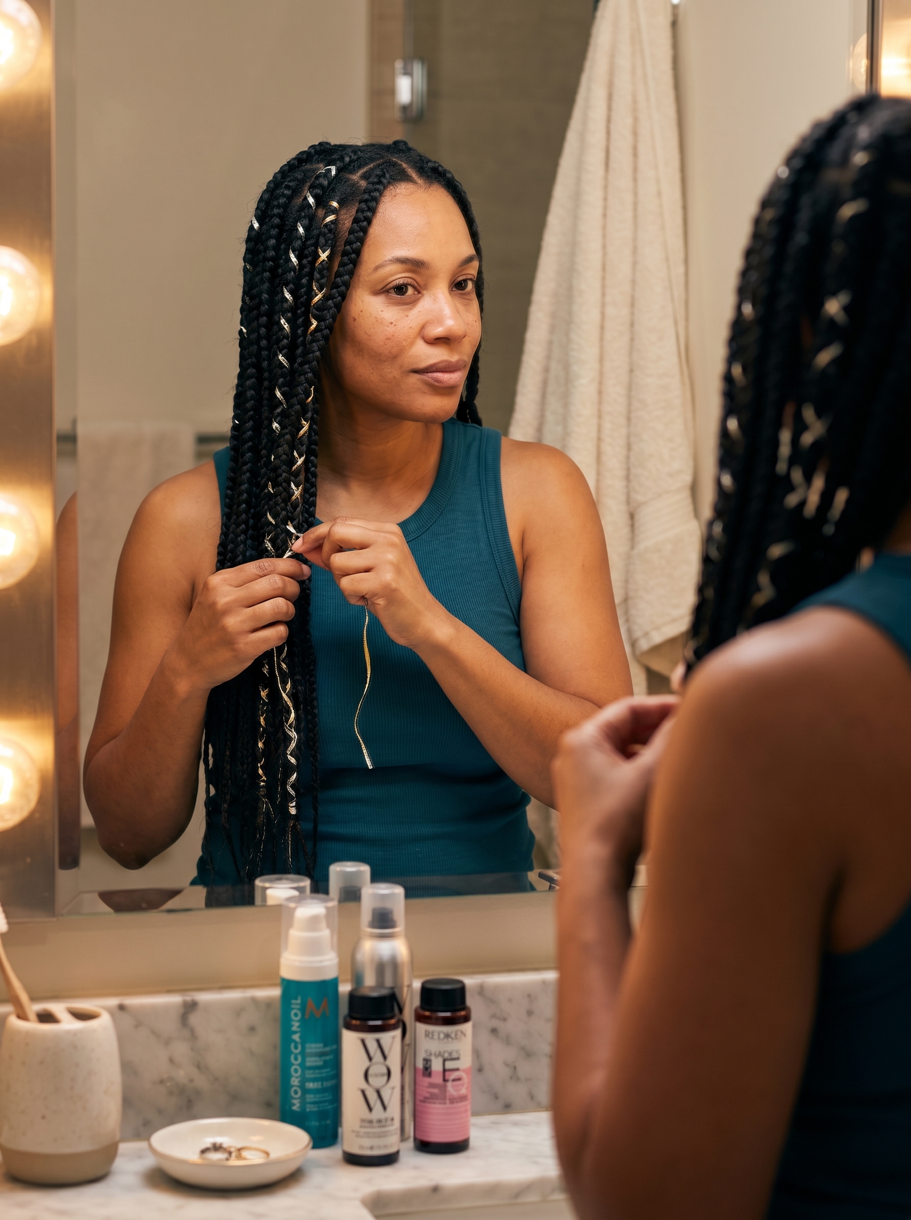 Dramatic 'Baroque Braids with Midnight Espresso Gloss' summer hair ideas women 2026, showcasing intricate dark brown braids with metallic thread accents. This luxurious style is ideal for special events, festivals, or a glamorous date night.