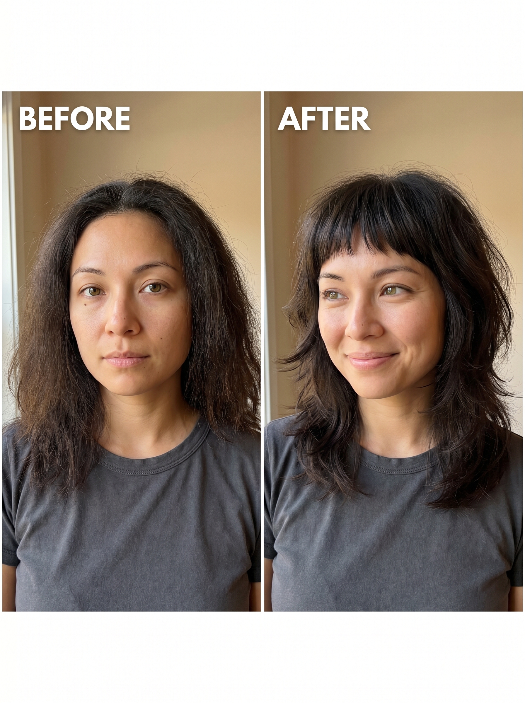 Edgy 'Sunset Micro-Bangs with Internal Ghost Layers' provides chic summer hair ideas women 2026. This statement-making style features precise micro-bangs on natural brunette hair with a subtle apricot undertone, perfect for fashion events or everyday.