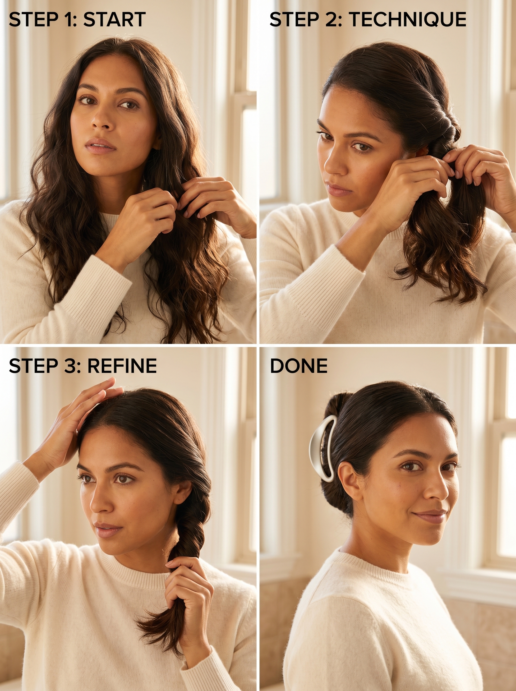 Modern Architectural Claw Clip Updo with Cold-Water Rinse Shine, a chic summer hairstyles long hair ideas 2026 using a metallic clip.