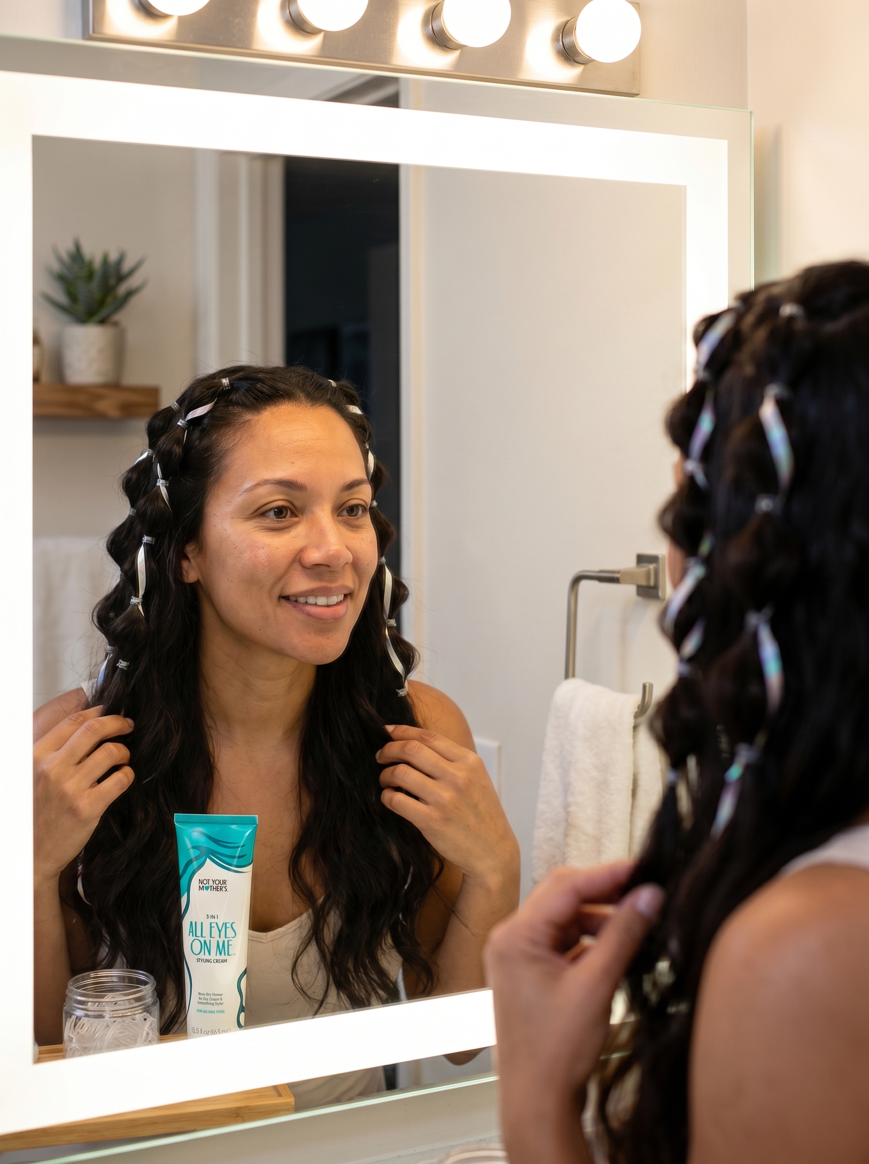 Futuristic Coquette Ribbon-Laced Bubble Braids, a chic summer hairstyle for long hair ideas 2026. This playful look features symmetrical bubble braids with metallic or pastel ribbons, perfect for a date night, wedding guest, or festival. Styled with white pomade and silver organza ribbon.