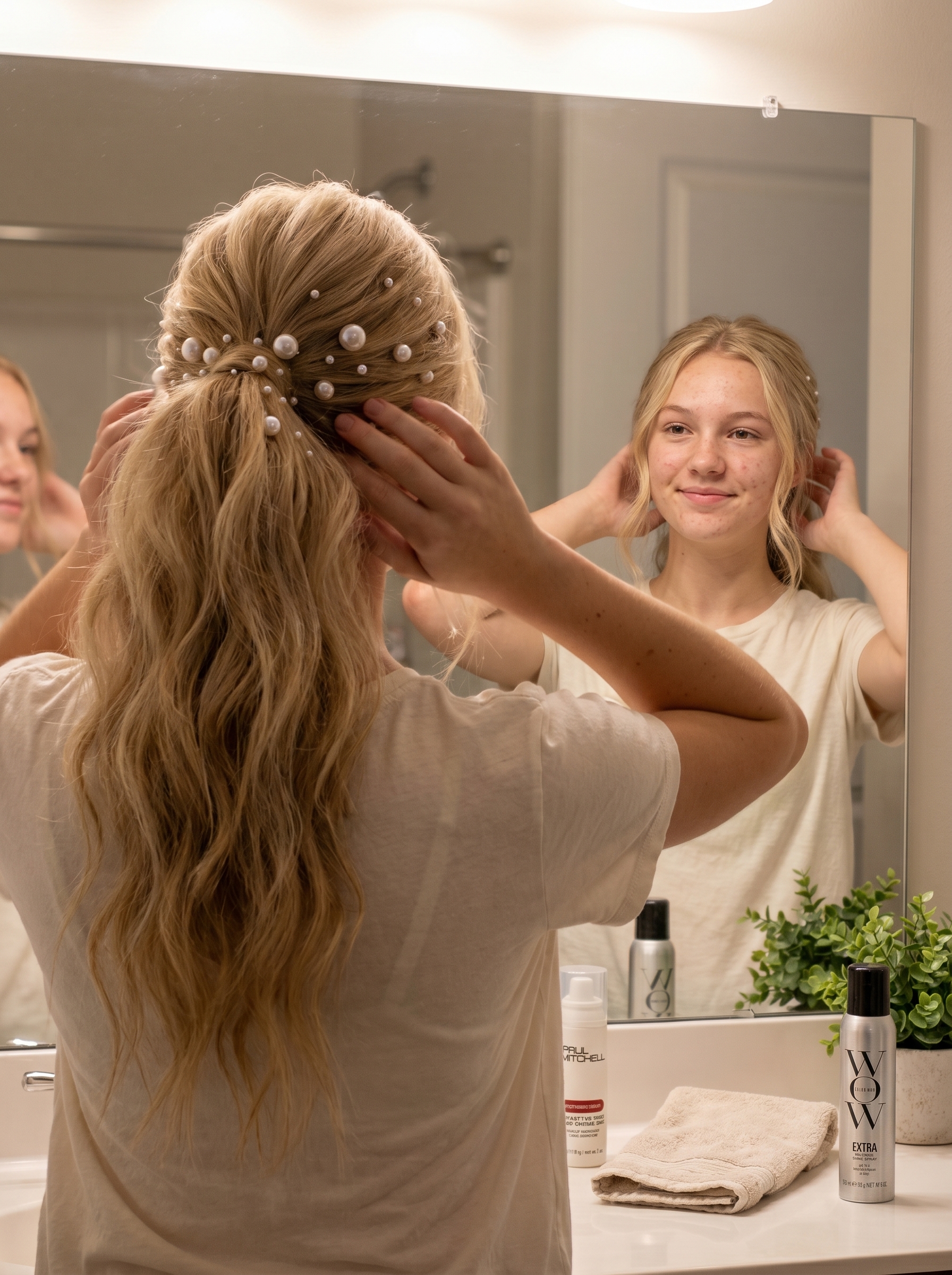 Dreamy Aquatic Aesthetic Crimped Waves adorned with pearl pins, a glamorous summer hairstyle teenage girls 2026 can wear to festivals or special events.